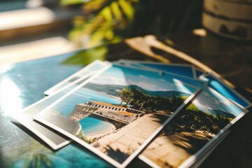 Wall Mural - Group of pictures stacked on a table surface