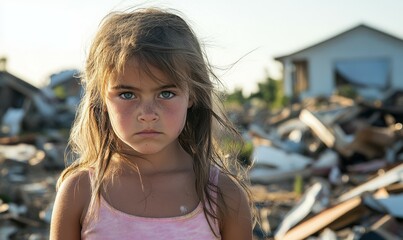 serious young girl standing in front of destroyed homes after hurricane disaster