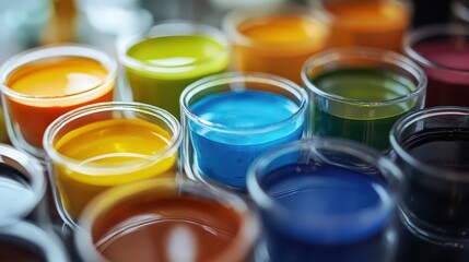 Vibrant colorful paint pots in close-up view displaying bright hues