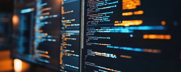 Close-up view of colorful computer code on black monitor screen in dimly lit environment