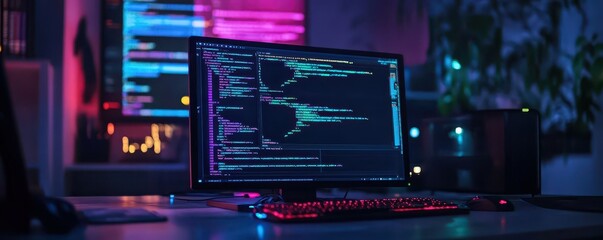 modern workspace with dual monitors displaying colorful code in dark room