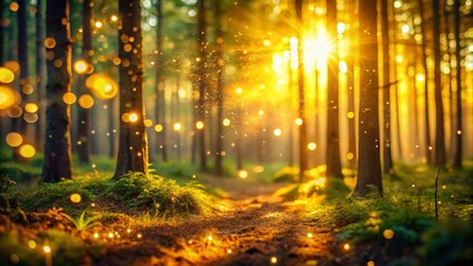 Wall Mural - Sunlit Bokeh Background: Golden Hour Forest Photography, Nature Abstract