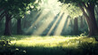 © Thiago - Sunbeams filter through lush green trees in a serene forest meadow, creating a tranquil, scenic nature landscape perfect for backgrounds and nature themes. Evergold. Illustration