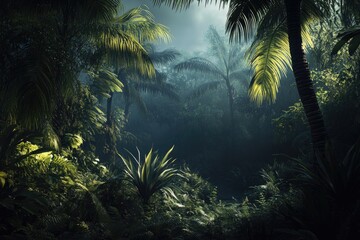 Wall Mural - Dense jungle with palm trees and lush foliage, suitable for adventure or nature themes