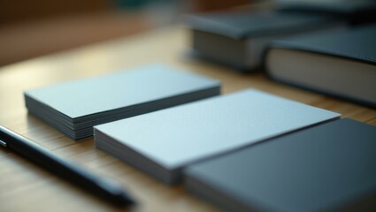 Her business cards neatly arranged for upcoming meeting, Professional stock photo, AI generated photograph