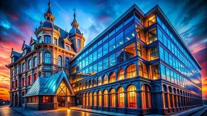 Wall Mural - surreal blue sky building night lit window stock photo