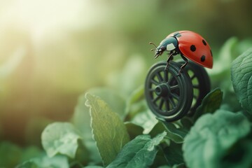 Wall Mural - A ladybug sits at the top of a wheel, looking down