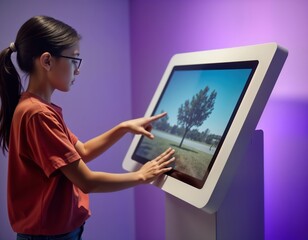 teenage girl interacts with interactive touchscreen kiosk in purple room. uses fingers to navigate d