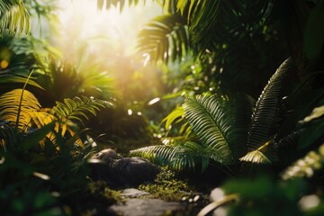 Wall Mural - Jungle scene with sunlight filtering through tree leaves
