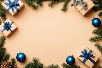 Wall Mural - A Christmas-themed visual with a top-down perspective of blue and silver baubles, disco balls, snowflake ornaments, gift boxes with bows, pine branches, and confetti, all set on an isolated light