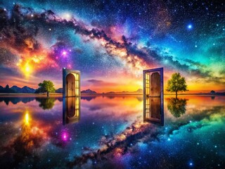 Wall Mural - Surreal Glowing Doors Reflecting in Water Under Starry Sky - Panoramic Landscape