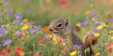 Wall Mural - A squirrel sits amidst colorful flowers