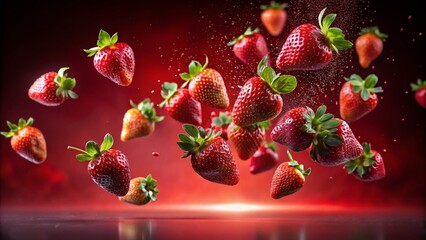Wall Mural - surreal long exposure photo of flying strawberries on red background - stock image