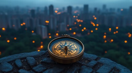 compass atop a rock overlooking a city at night