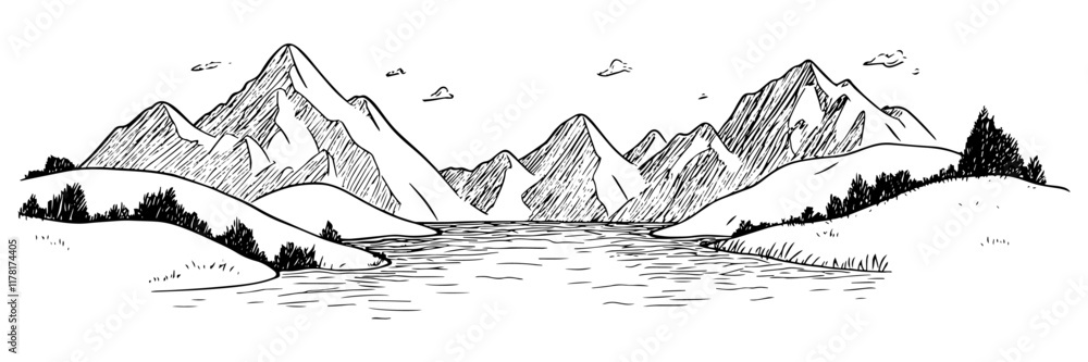 hand-drawn mountain landscape with a lake and trees in black and white ...