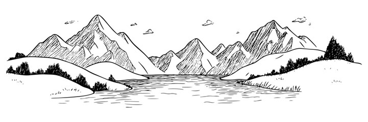 Wall Mural - hand-drawn mountain landscape with a lake and trees in black and white