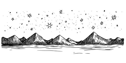 Wall Mural - mountain range under a starry night sky, black hand-drawn illustration