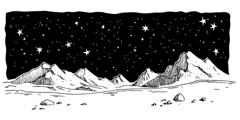 night mountain landscape with starry sky, black hand-drawn illustration