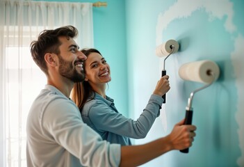 Happy young couple decorates home by painting wall in light teal color. Work together using paint rollers, look happy with positive attitude. Renovating house with love, enthusiasm. Interior home