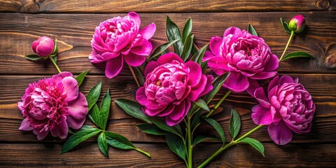 Wall Mural - A black paper background accentuates vibrant pink peonies in a flat lay on weathered wood.