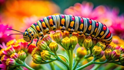 Wall Mural - A colorful caterpillar, a tiny jewel, crawls on bright blossoms in a stunning macro photograph.