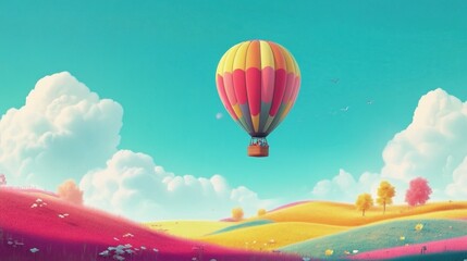 Colorful hot air balloon floats over vibrant landscape.