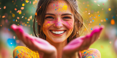 Smiling caucasian woman tourist covered in colourful powder for the Holi festival of colours in India	