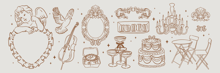 Wall Mural - vintage wedding collection. hand-drawn line illustrations in whimsical sketch style. cherub, dove, c