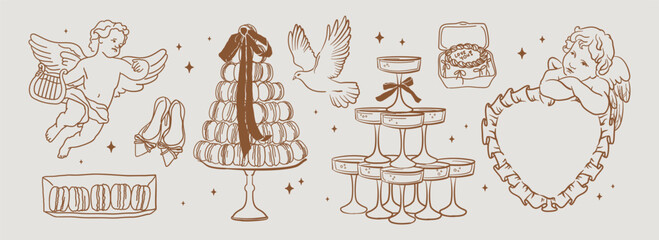 Wall Mural - elegant la dolce vita wedding collection. hand-drawn line doodles in sketch style. whimsical italian