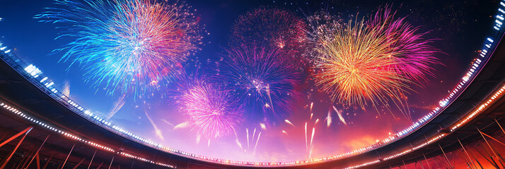 Wall Mural - a colorful explosion of fireworks above a stadium, symbolizing the grand opening ceremony of the oly