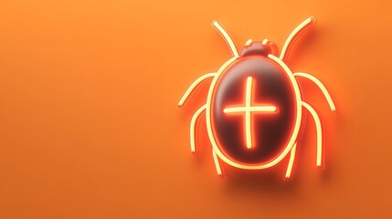 Glowing Bug Icon with a Cross Mark on Neon Orange Background, Symbolizing Protection from Malware