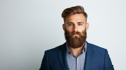 Stylish man with beard wearing blue suit and checkered shirt, exuding confidence.