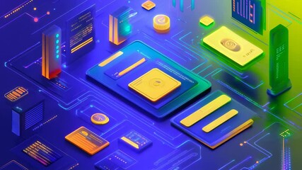 Colorful image of a computer network with a tablet on top. 4K Video