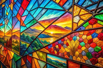 Wall Mural - vibrant geometric stained glass abstract landscape - colorful pc & laptop wallpaper
