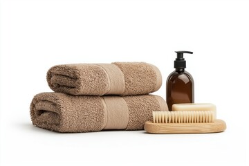 Minimalist spa setup with folded brown towels wooden brush soap bar and amber pump bottle on white background