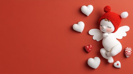 A charming cherub doll rests on a bright red surface, adorned with a knitted red hat and surrounded by various heart-shaped decorations in different sizes