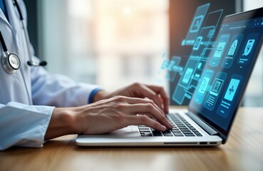 doctor uses laptop for digital document management system. health care pro works with online databas