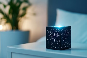 Wall Mural - Small black box with a blue light on top sits on a white nightstand