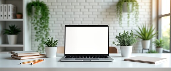 modern workplace mockup shows laptop on white table with plants. empty screen on device. blank noteb