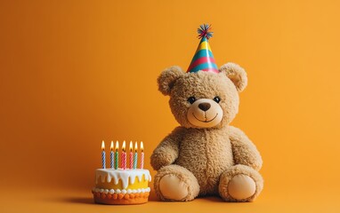 festive bear toy with a party hat, blowing out birthday cake candles, against a vibrant orange backg