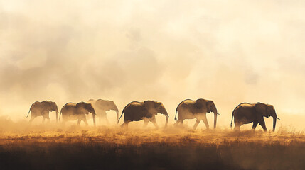 Wall Mural - A group of elephants crossing a dusty savannah, their silhouettes merging with abstract patterns of dust and sky, symbolizing strength and unity. 