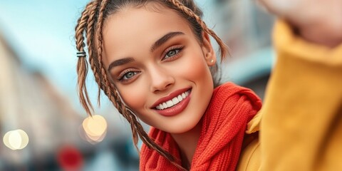 Wall Mural - Smiling young caucasian female in urban setting with braided hair and red scarf