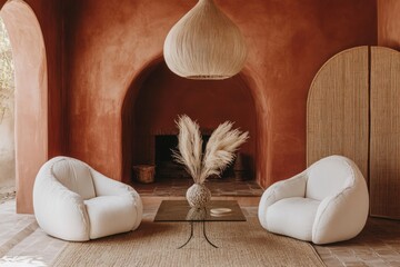 Canvas Print - Two off-white armchairs face each other across a glass coffee table in a terracotta-walled room.