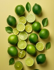 Wall Mural - Fresh limes, vibrant green, arranged on a yellow background. A zesty citrus still life.