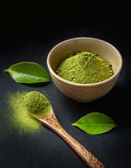 Canvas Print - Spoonful of vibrant green matcha powder, nestled beside a bowl of the same, with fresh leaves.