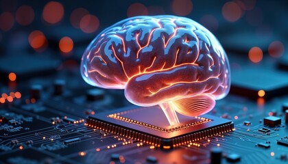 Futuristic concept of human brain merging with tech. Glowing brain sits atop computer chip. Represents fusion of human intelligence, machine learning. Data processing, tech evolution. Digital brain