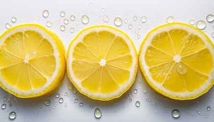 Wall Mural - Three juicy lemon slices arranged on a white background with water droplets.