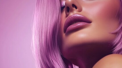 Wall Mural - Close-up of woman with pink hair and glossy lips