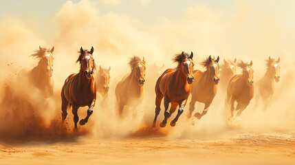 Wall Mural - A herd of wild horses running through a vast desert, their manes blending into abstract trails of dust and wind, symbolizing untamed energy. 