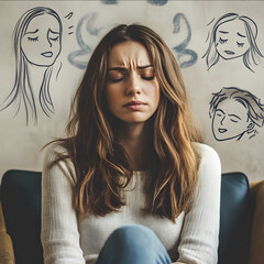 create a picture showing Emotional Release on a therapy session with 2 more copies of the same person around her one with happy emotions and one with distressed face.j